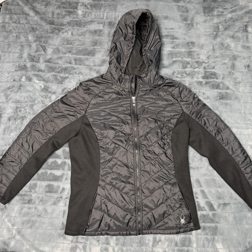 Spyder Jacket Womens XL Black Hooded Insulated Puffer Full Zip Pockets